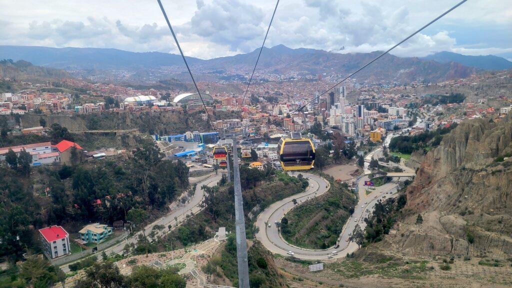 La Paz from above while on cable car loop, mountains in the background