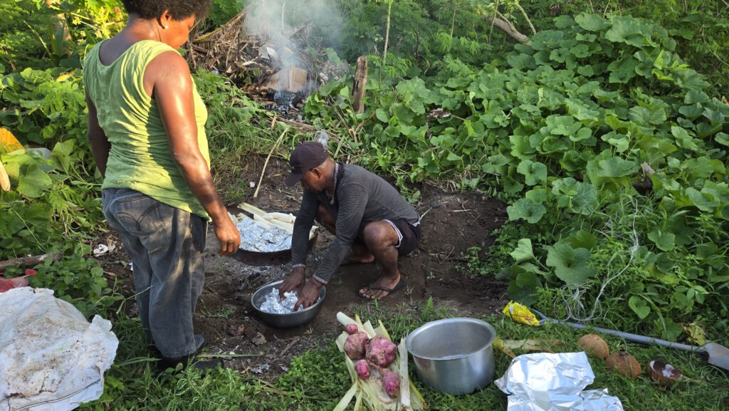 Homestay staff preparing lovo, a traditional Fijian feast